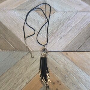 Tassel Fringe Pendant Black Color Faux Leather Long Necklace Gold Details